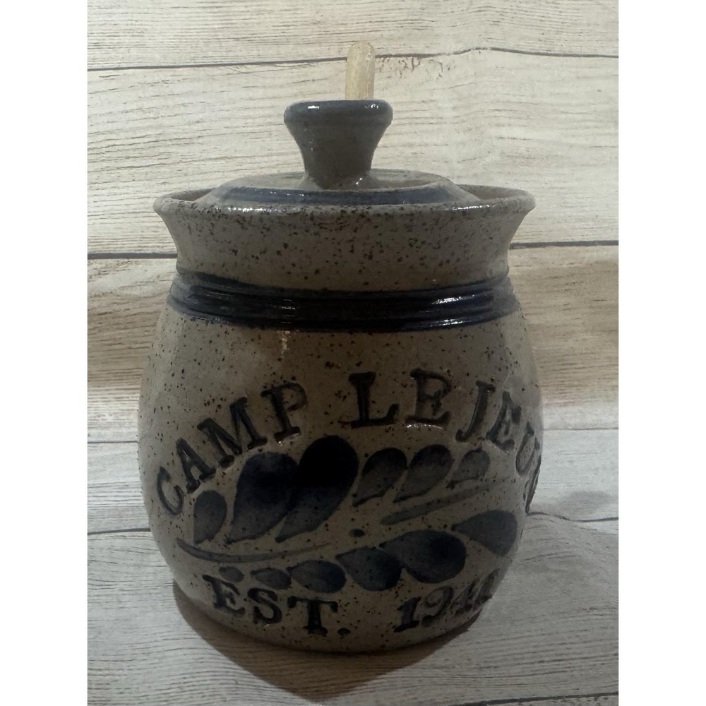 Blue & Gray Westerwald Honey Pot Signed Pottery Camp Le Jeune Est 1941 TB3